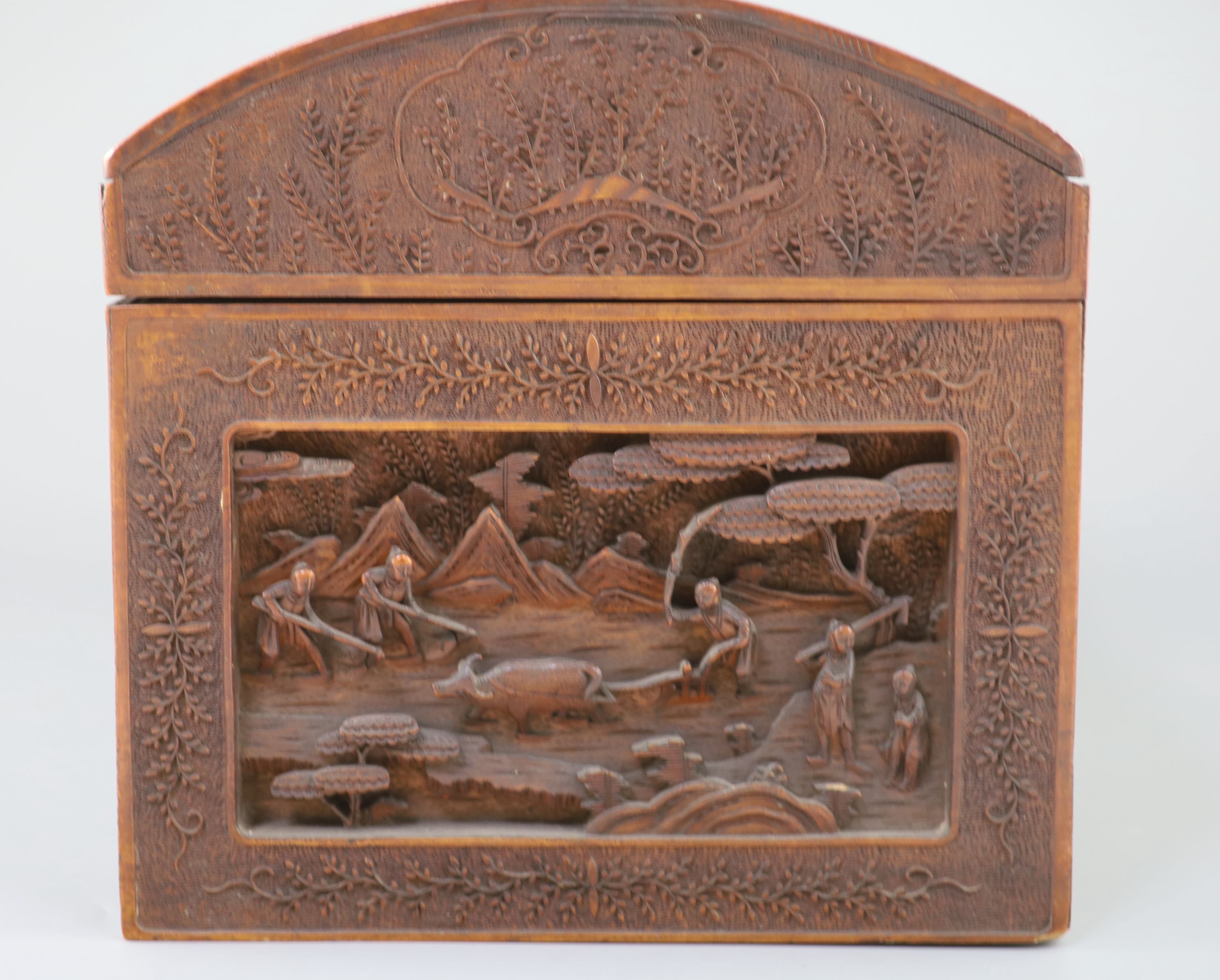 A large Chinese carved sandalwood box, 19th century, 40.5cm wide, Provenance - A. T. Arber-Cooke